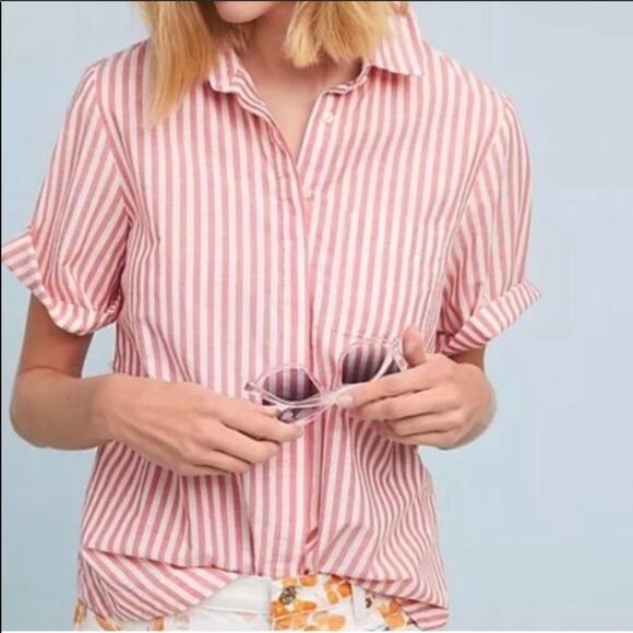 ANTHROPOLOGIE Isabella Sinclair Wellesley Pink White Striped Button Down Blouse - Picture 1 of 8